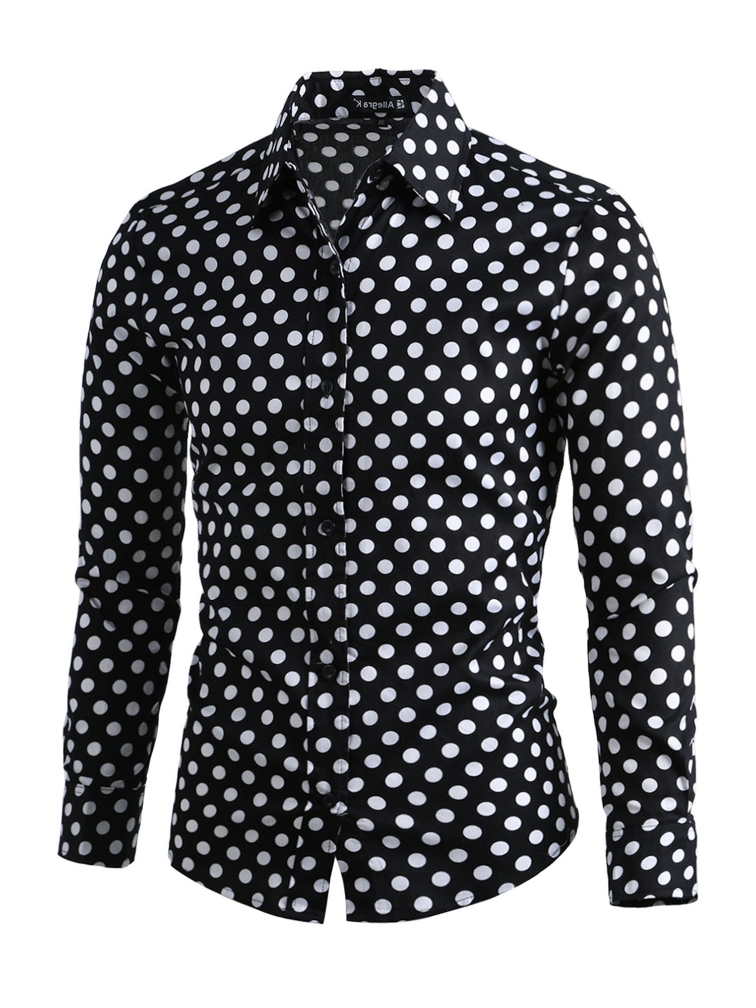 Unique Bargains Men's Long Sleeve Button Slim Polka Dots Shirt 46 Black