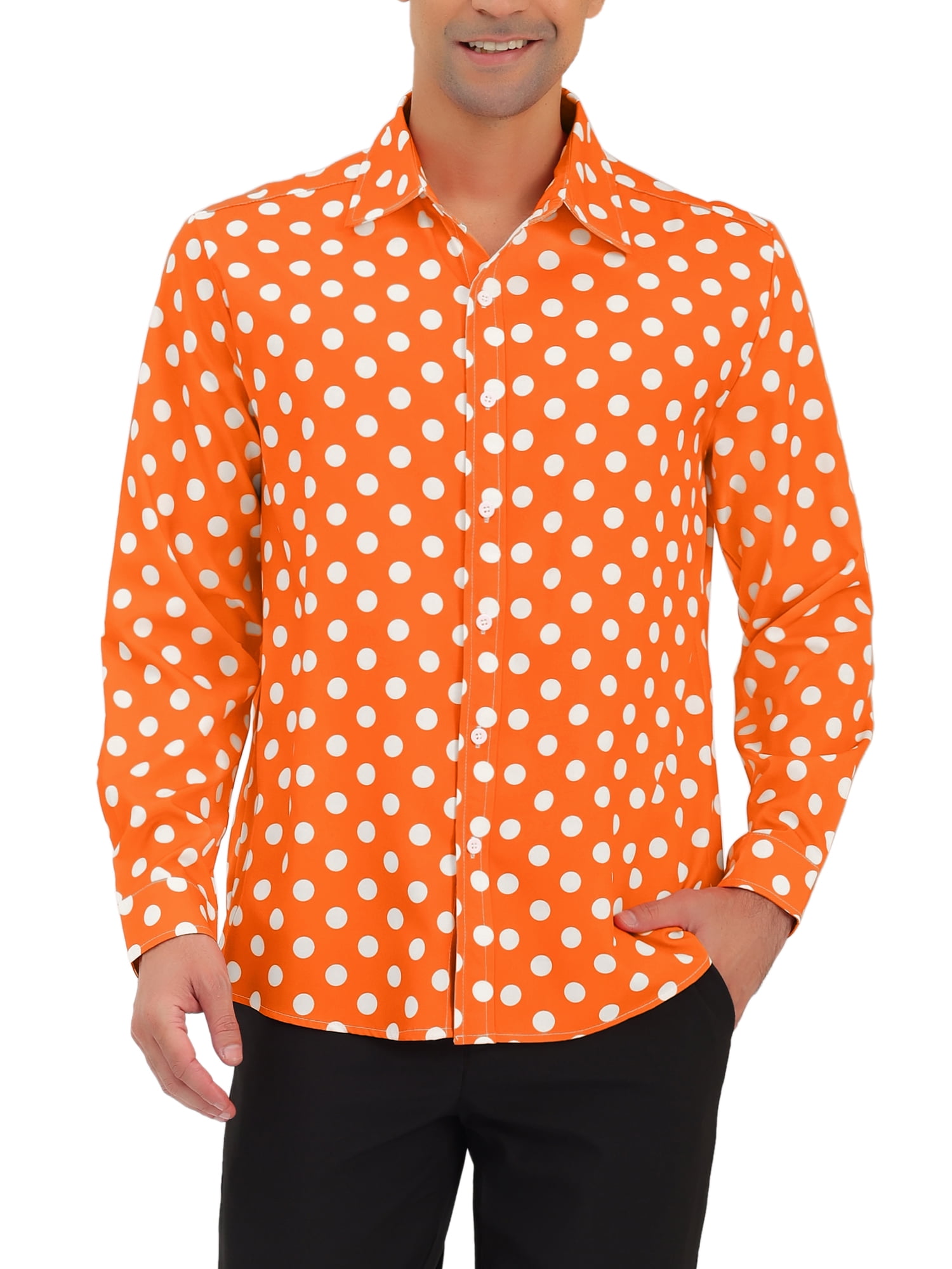 Unique Bargains Men's Long Sleeve Button Slim Polka Dots Shirt 46 Orange