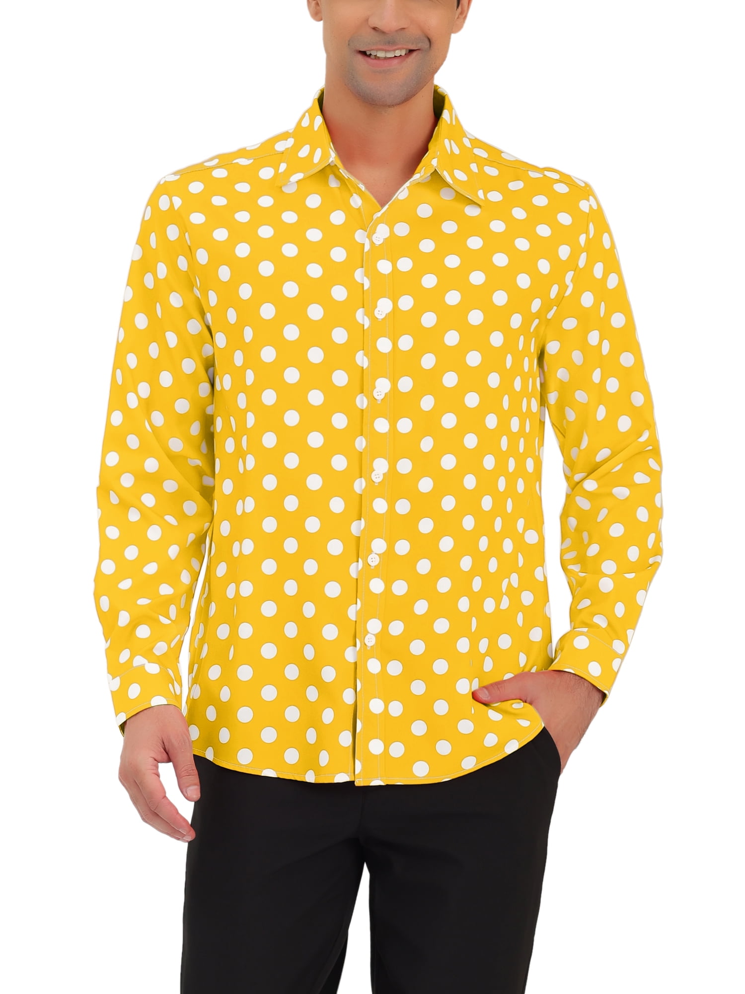 Unique Bargains Men's Long Sleeve Button Slim Polka Dots Shirt 46 Yellow