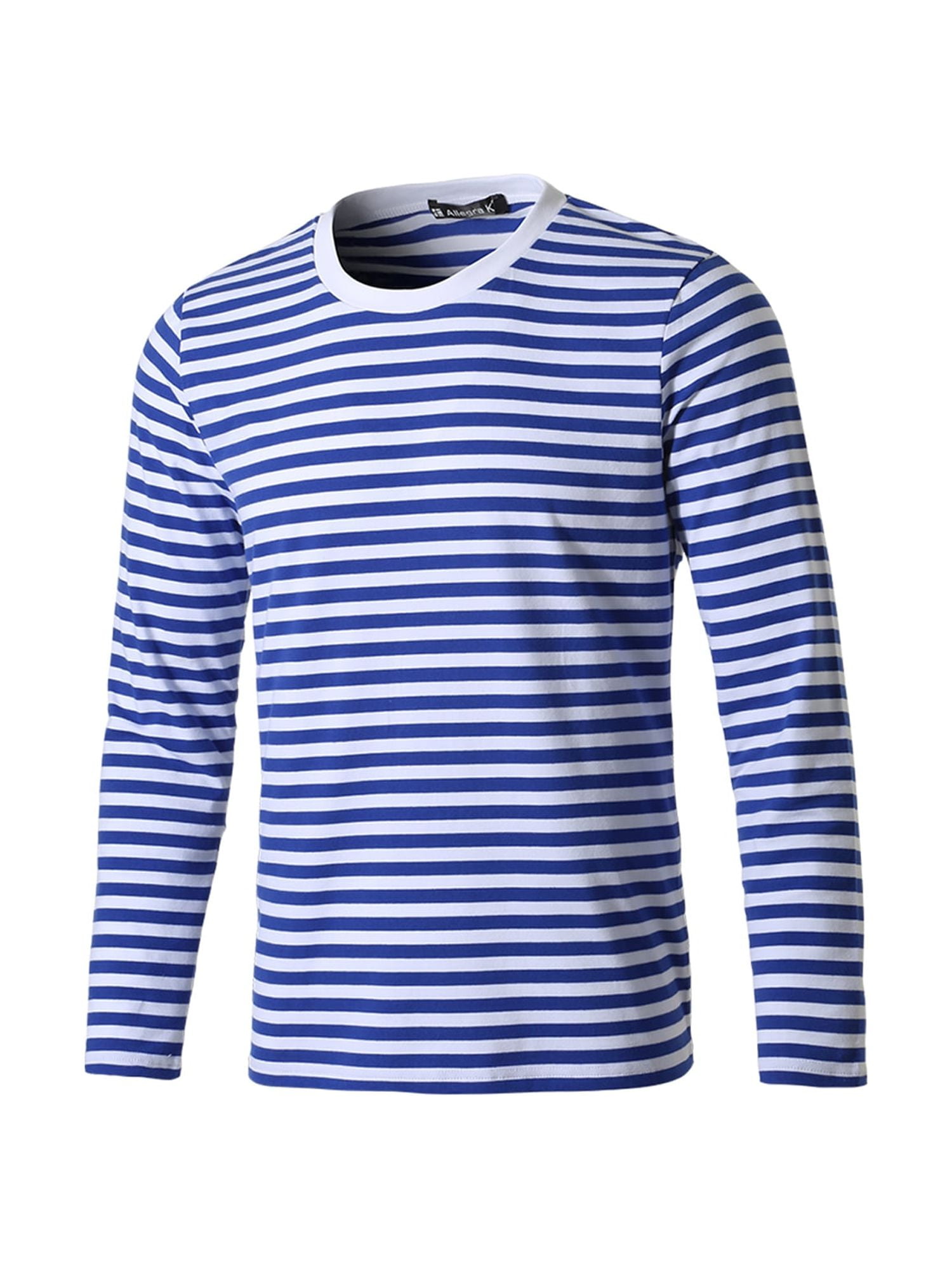 Unique Bargains Men's Long Sleeve Pullover Top Crew Neck Striped T-Shirts 34 Blue and White