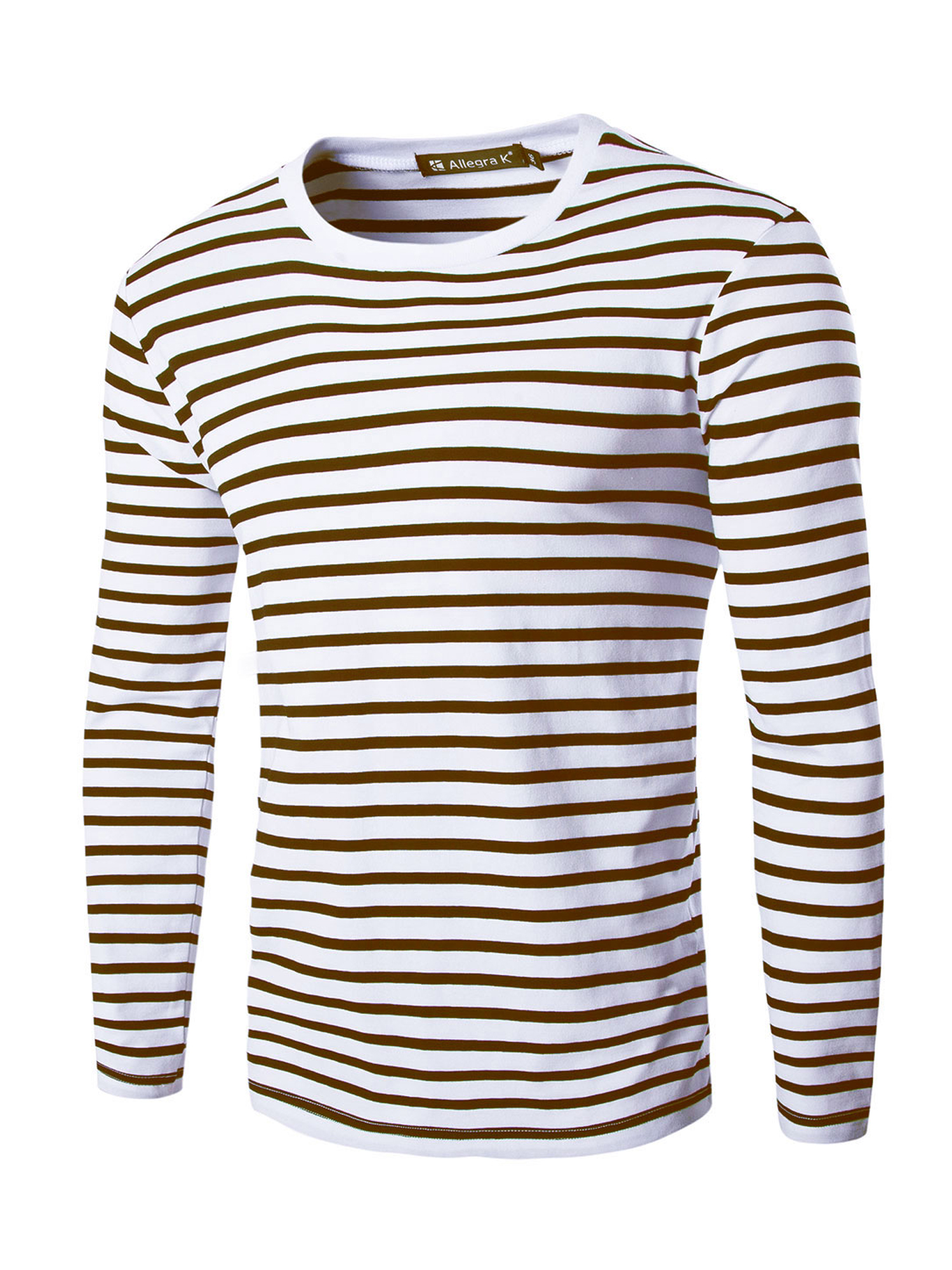 Unique Bargains Men's Long Sleeve Pullover Top Crew Neck Striped T-Shirts 36 Brown