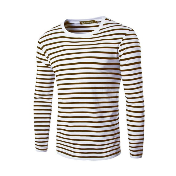 Unique Bargains Men's Long Sleeve Pullover Top Crew Neck Striped T-Shirts 38 Brown