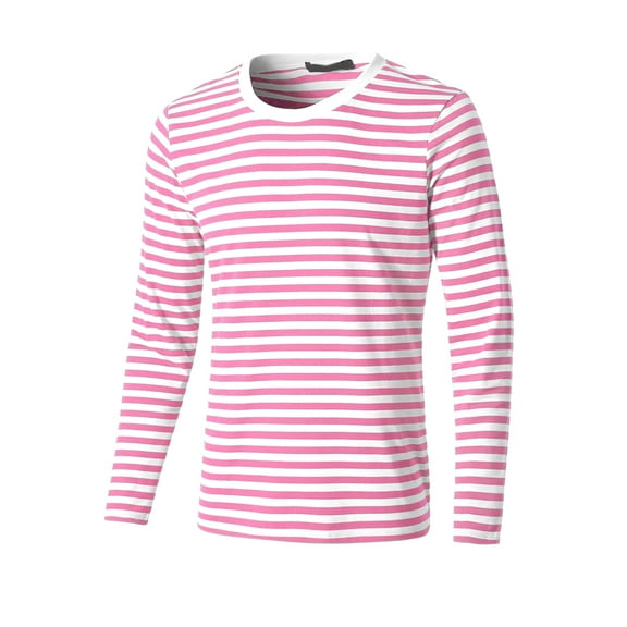 Unique Bargains Men's Long Sleeve Pullover Top Crew Neck Striped T-Shirts 38 Pink White