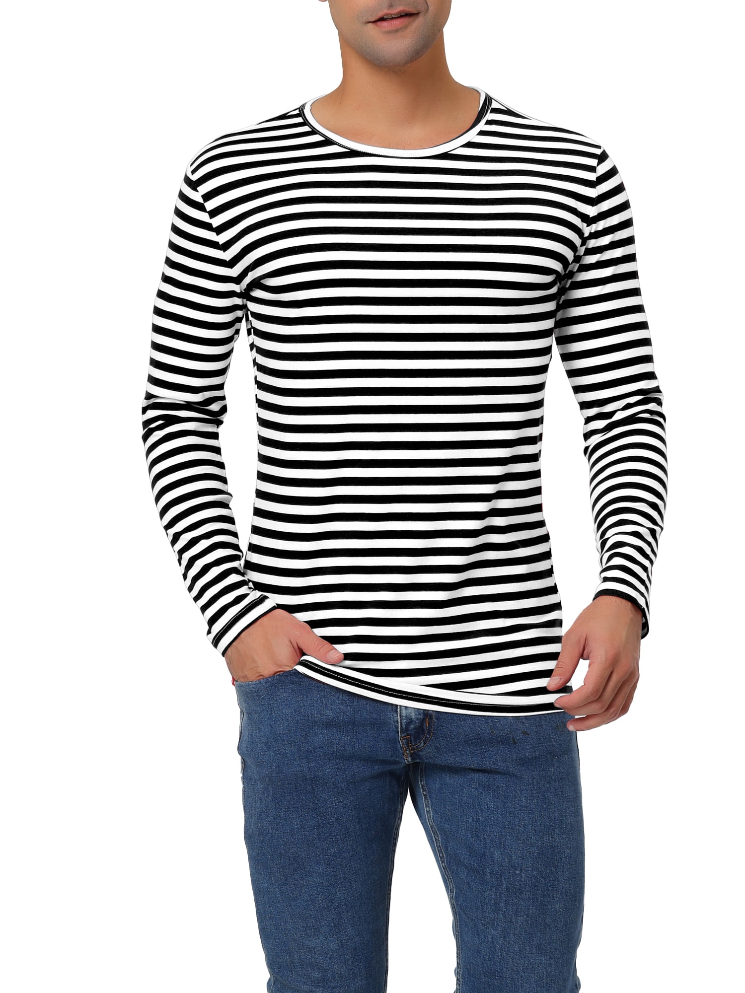 Unique Bargains Men's Long Sleeve Pullover Top Crew Neck Striped T-Shirts 38 White Blacks