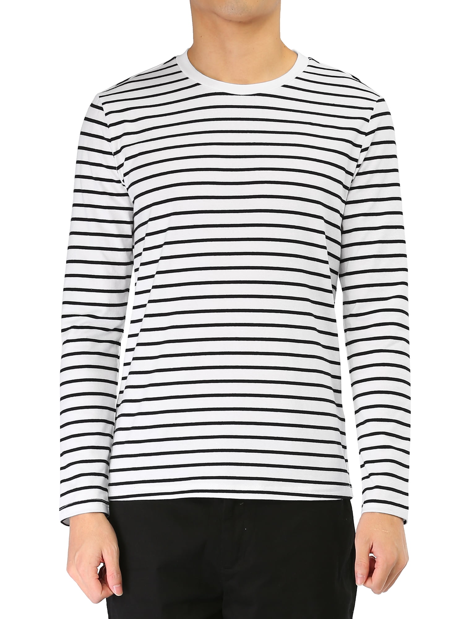 Unique Bargains Men's Long Sleeve Pullover Top Crew Neck Striped T-Shirts 42 Black and White