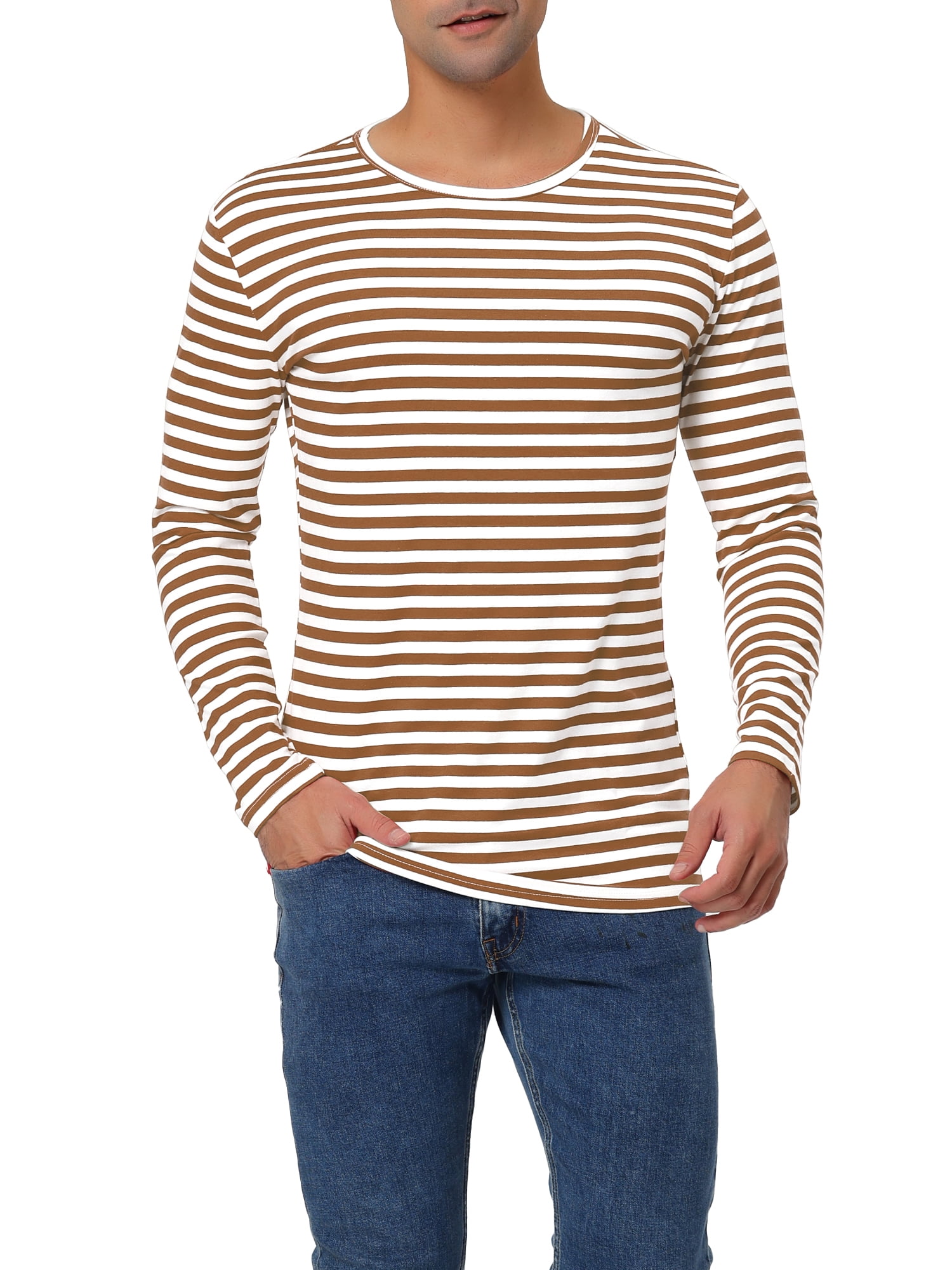 Unique Bargains Men's Long Sleeve Pullover Top Crew Neck Striped T-Shirts 46 Brown White