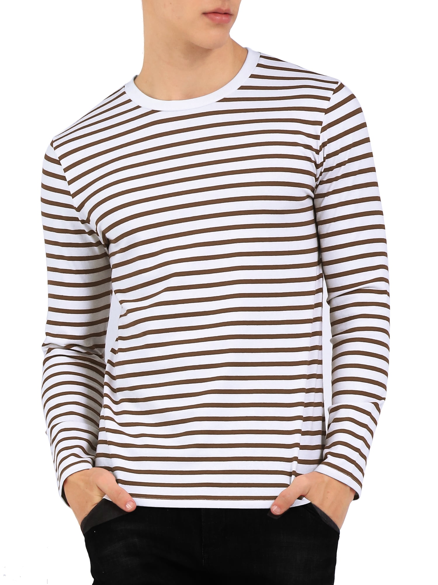 Unique Bargains Men's Long Sleeve Pullover Top Crew Neck Striped T-Shirts 46 Brown