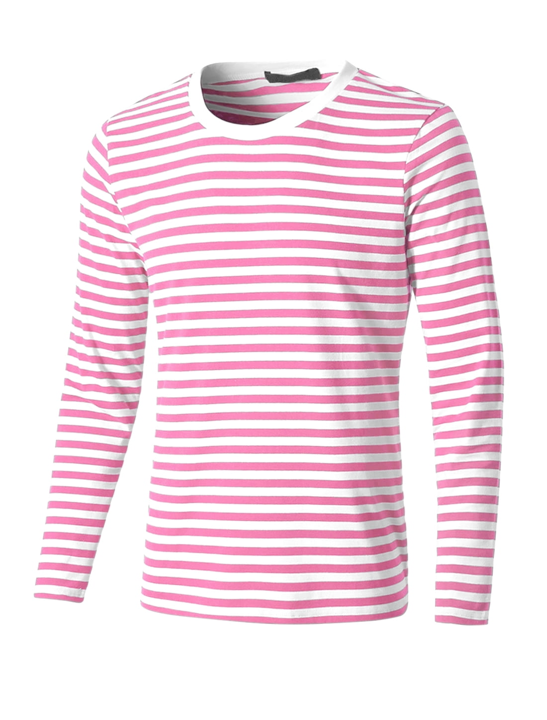 Unique Bargains Men's Long Sleeve Pullover Top Crew Neck Striped T-Shirts 46 Pink White
