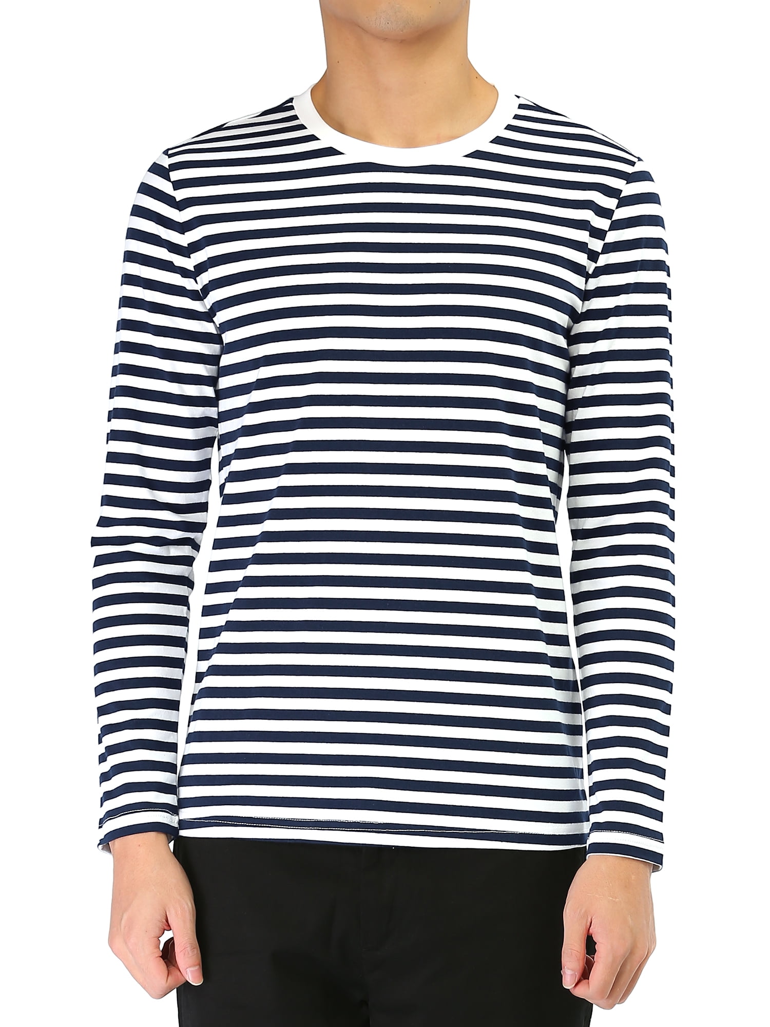 Unique Bargains Men's Long Sleeve Pullover Top Crew Neck Striped T-Shirts 50 Navy Blue