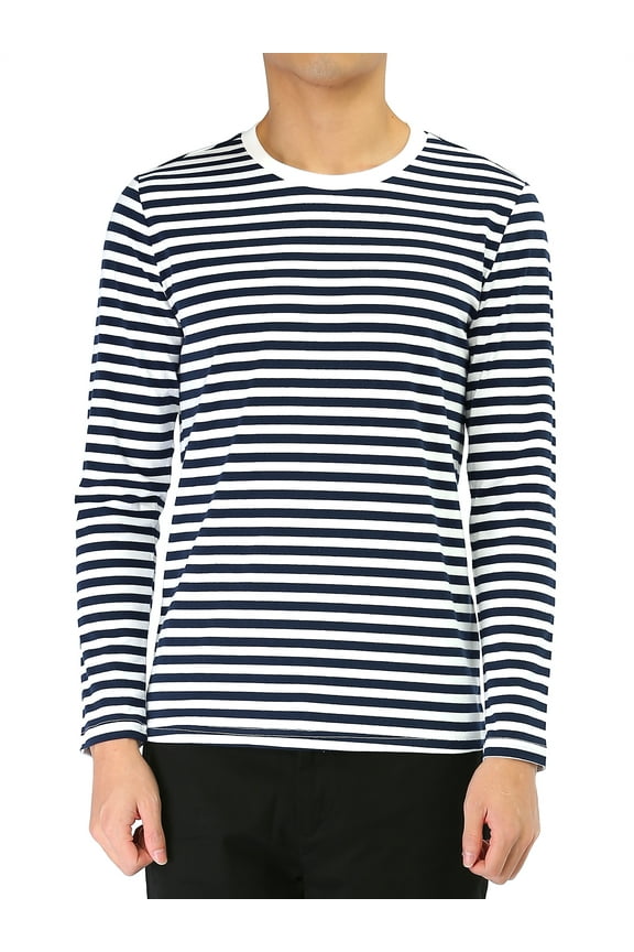 Men's Long Sleeve Pullover Top Crew Neck Striped T-Shirts 38 Navy Blue