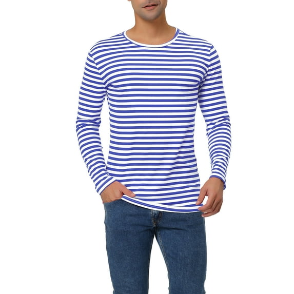 Unique Bargains Men's Long Sleeve Pullover Top Crew Neck Striped T-Shirts 42 Blue Stripe
