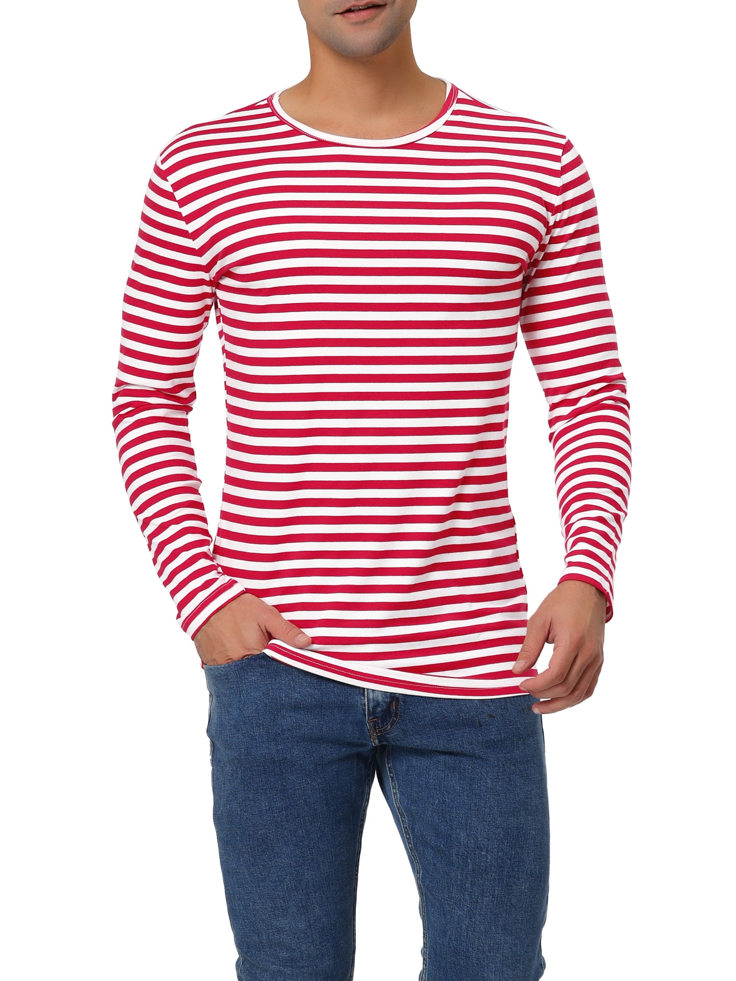 Unique Bargains Men's Long Sleeve Pullover Top Crew Neck Striped T-Shirts 42 White Red