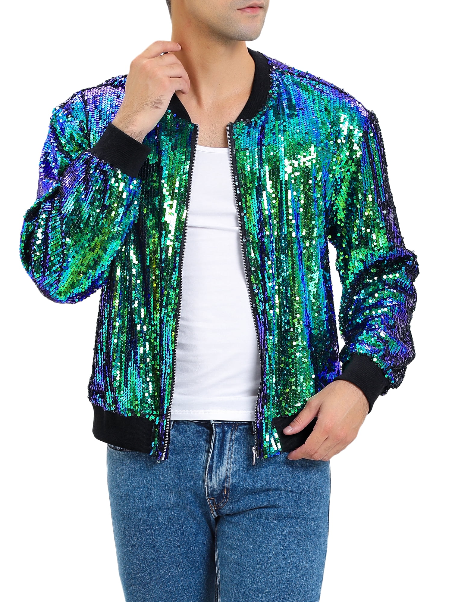Unique Bargains Men s Long Sleeves Sequin Varsity Zipper Bomber
