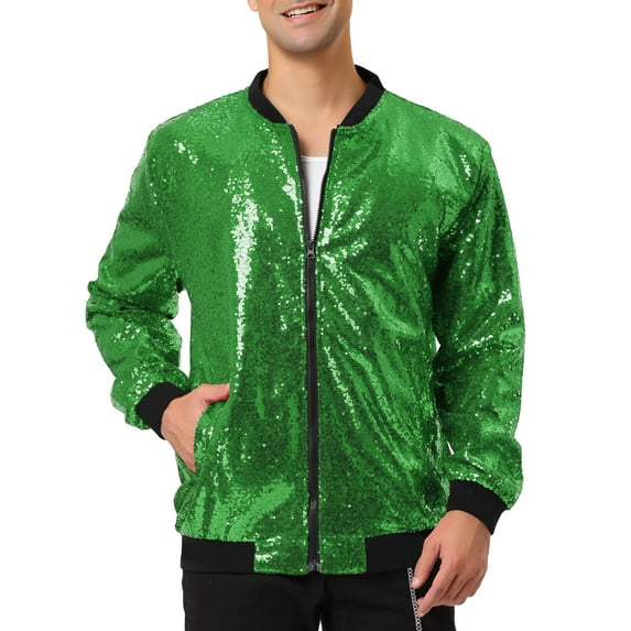 Unique Bargains Men's Long Sleeves Sequin Varsity Zipper Bomber Jacket L Light Green