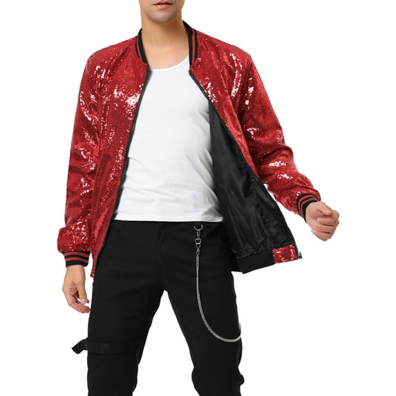 Unique Bargains Men's Long Sleeves Sequin Varsity Zipper Bomber Jacket L Red