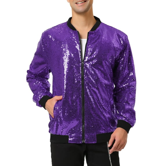 Unique Bargains Men's Long Sleeves Sequin Varsity Zipper Bomber Jacket XL Purple