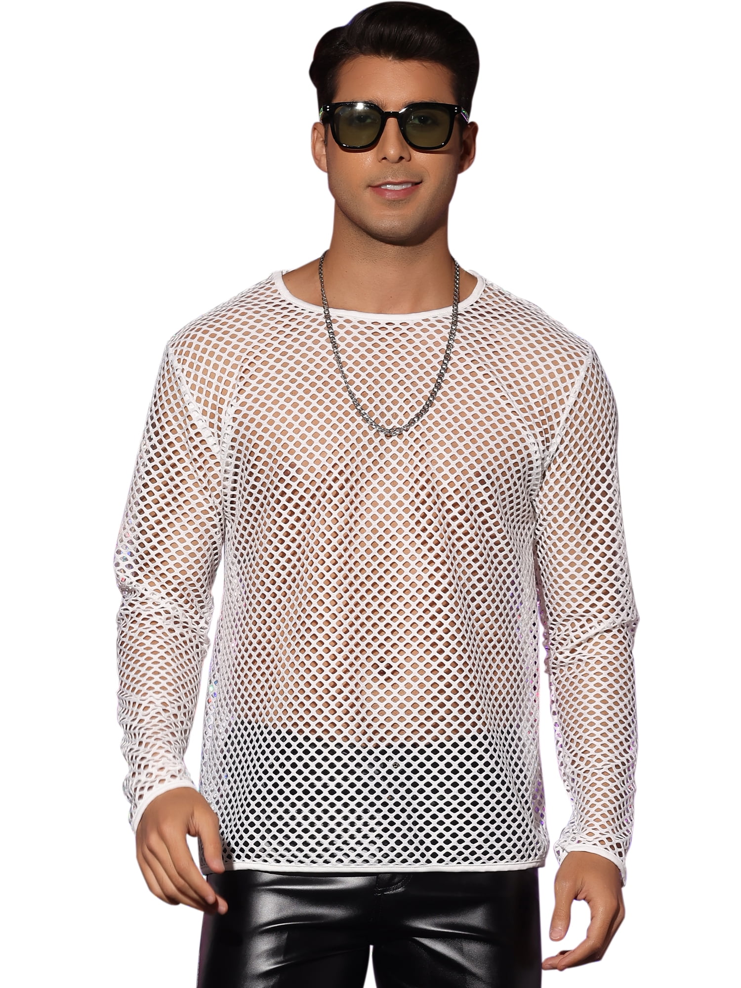 Unique Bargains Men's Mesh T-Shirt Long Sleeves Club Party See Through Sheer Top Tee M White