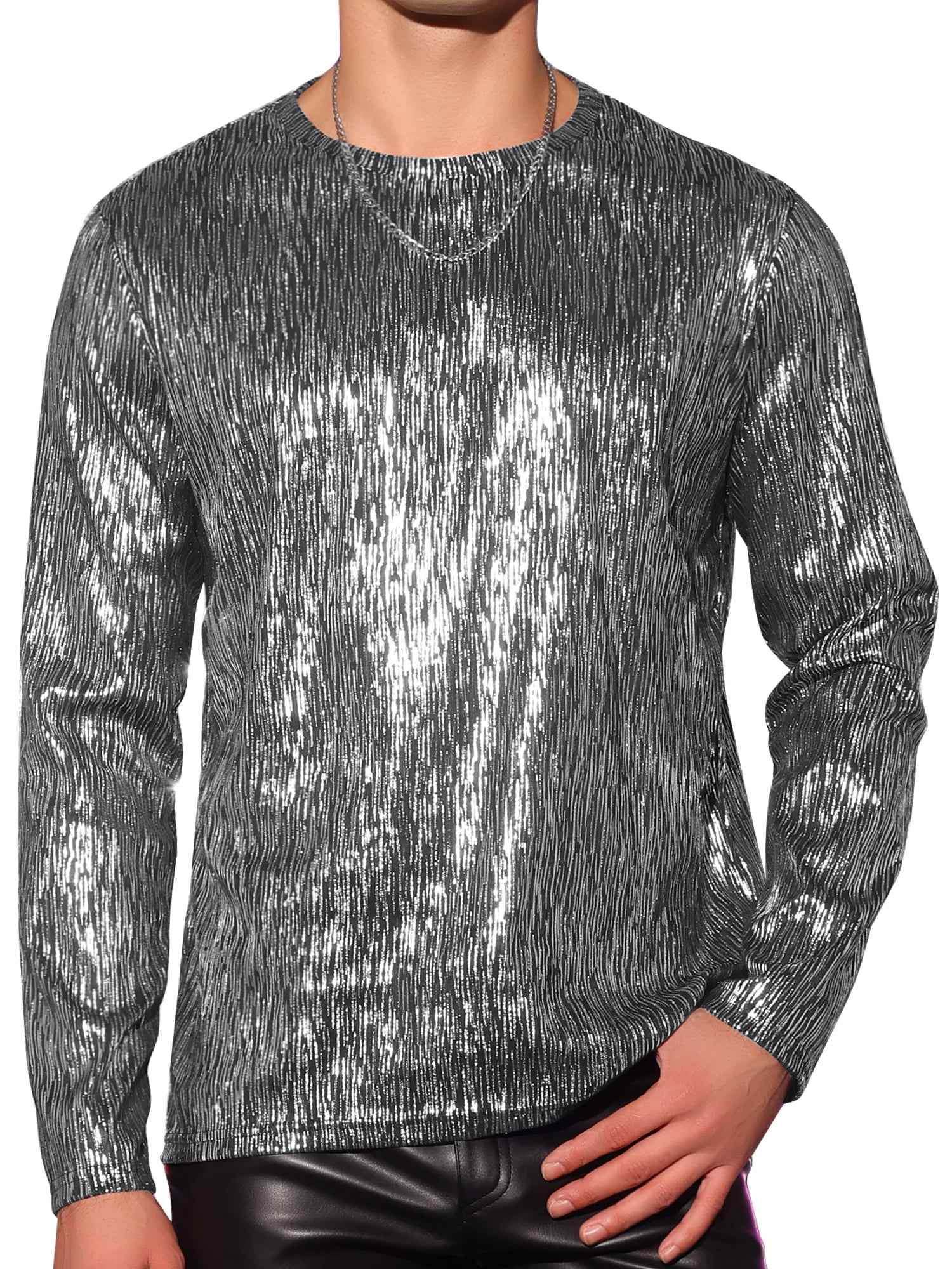 Unique Bargains Men's Metallic Long Sleeves Top Party Clubwear Shiny T-Shirt Tee Shirt L Silver