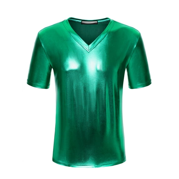 Unique Bargains Men's Metallic Shiny Nightclub V Neck Short Sleeve Slim Fit Party T-Shirt L Dark Green
