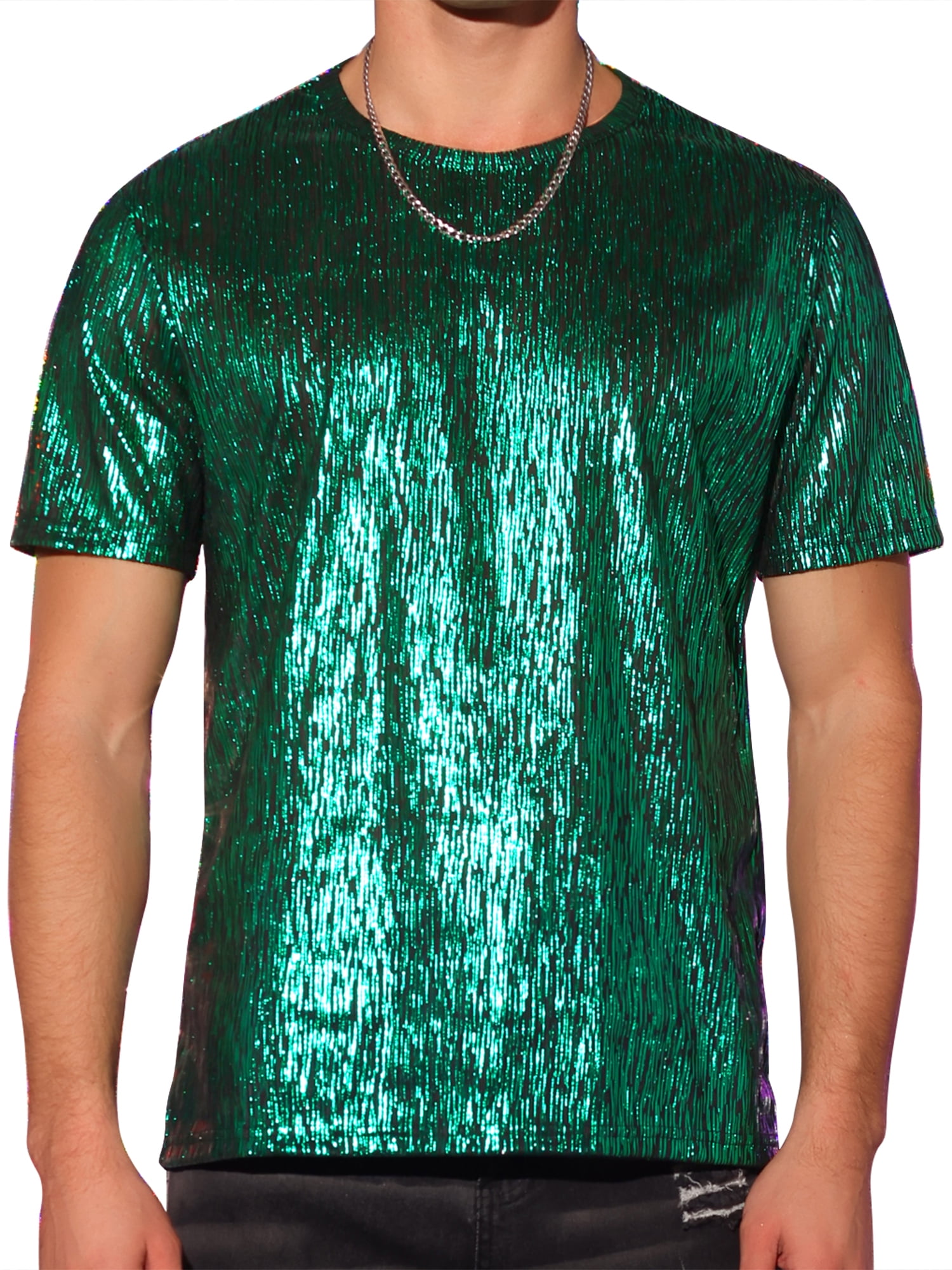Unique Bargains Men's Metallic Shiny T-Shirt Round Neck Short Sleeves Sparkle Tee Top M Green