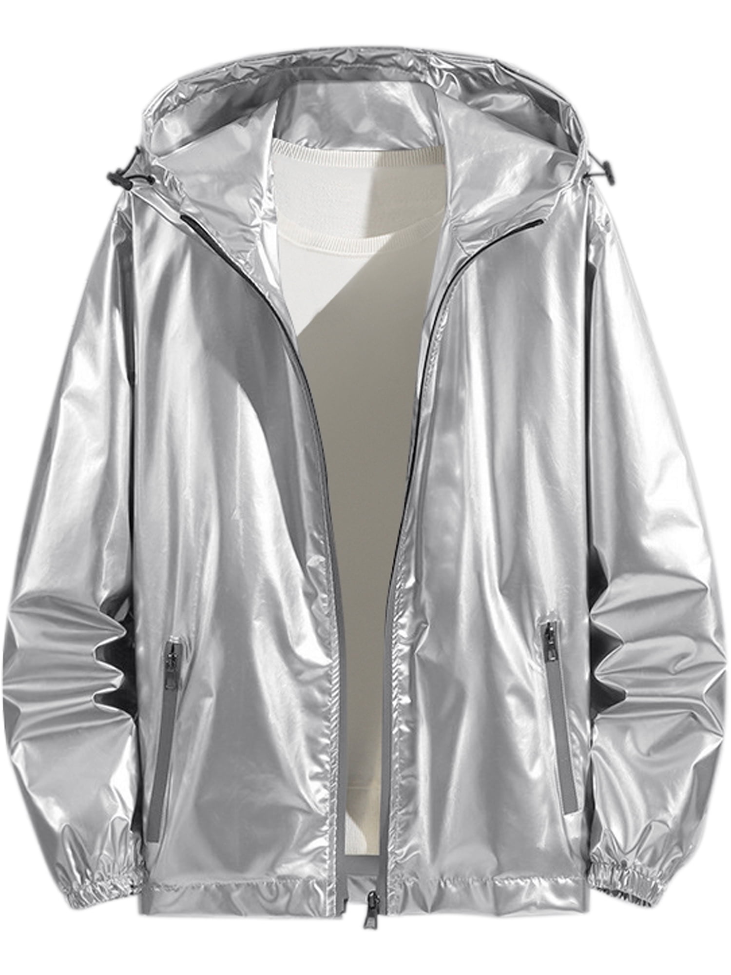 Unique Bargains Men's Metallic Solid Zipper Holographic Hooded Windbreaker Jacket M Silver