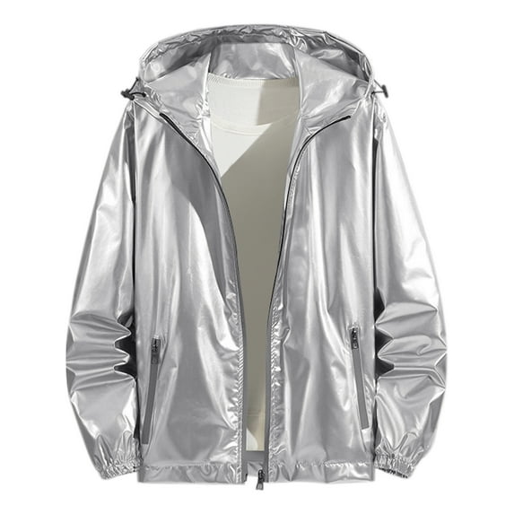 Unique Bargains Men's Metallic Solid Zipper Holographic Hooded Windbreaker Jacket M Silver