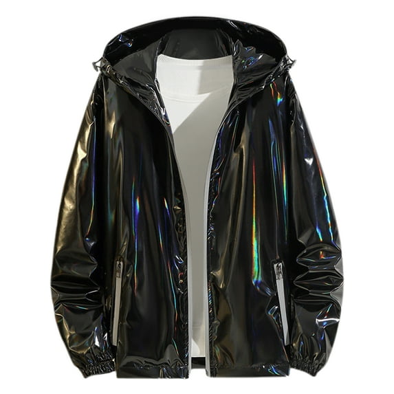 Unique Bargains Men's Metallic Solid Zipper Holographic Hooded Windbreaker Jacket S Black