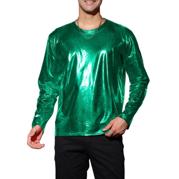 Unique Bargains Men's Metallic T-Shirt Round Neck Long Sleeve Shining Disco Tee Top 2XL Green