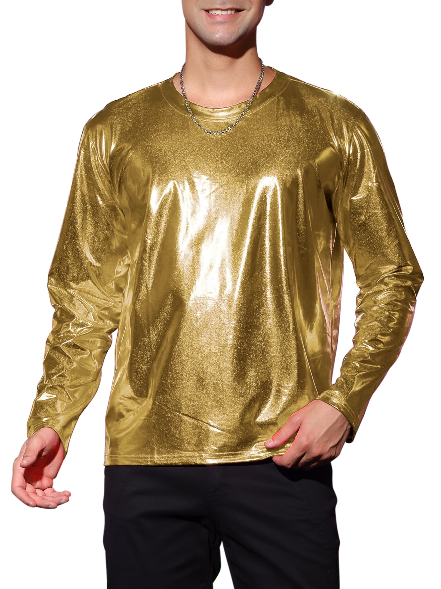Unique Bargains Men's Metallic T-Shirt Round Neck Long Sleeve Shining Disco Tee Top L Golden