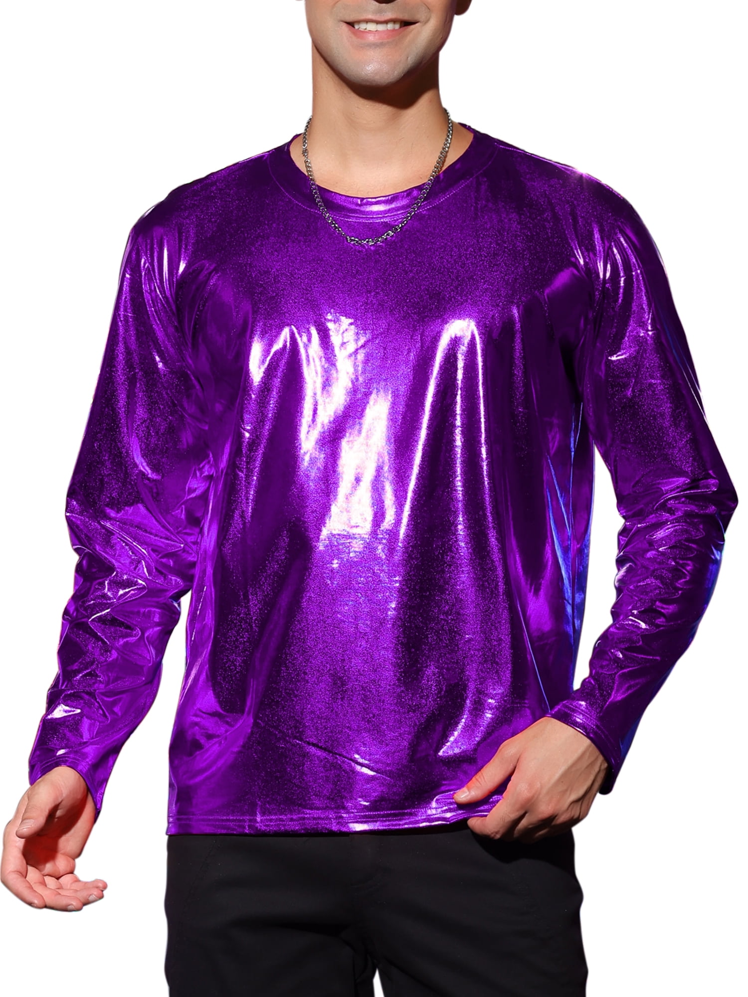 Unique Bargains Men's Metallic T-Shirt Round Neck Long Sleeve Shining Disco Tee Top S Purple