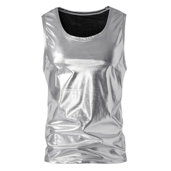 Unique Bargains Men's Metallic Tank Top Round Neck Shiny Disco Party Sleeveless Vest L Silver