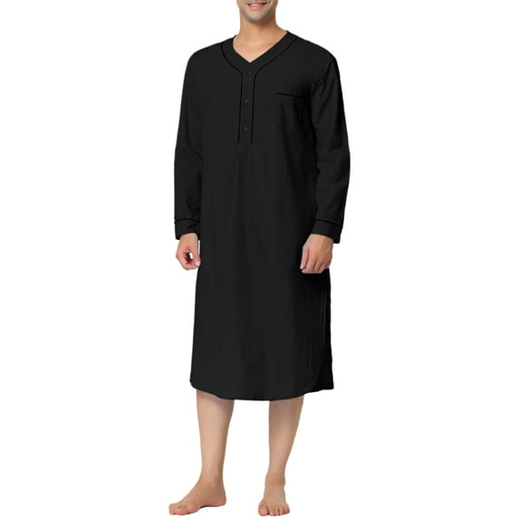 Unique Bargains Men's Nightshirt Cotton Sleep Shirt Long Sleeve Nightgown Sleepwear 2XL Black