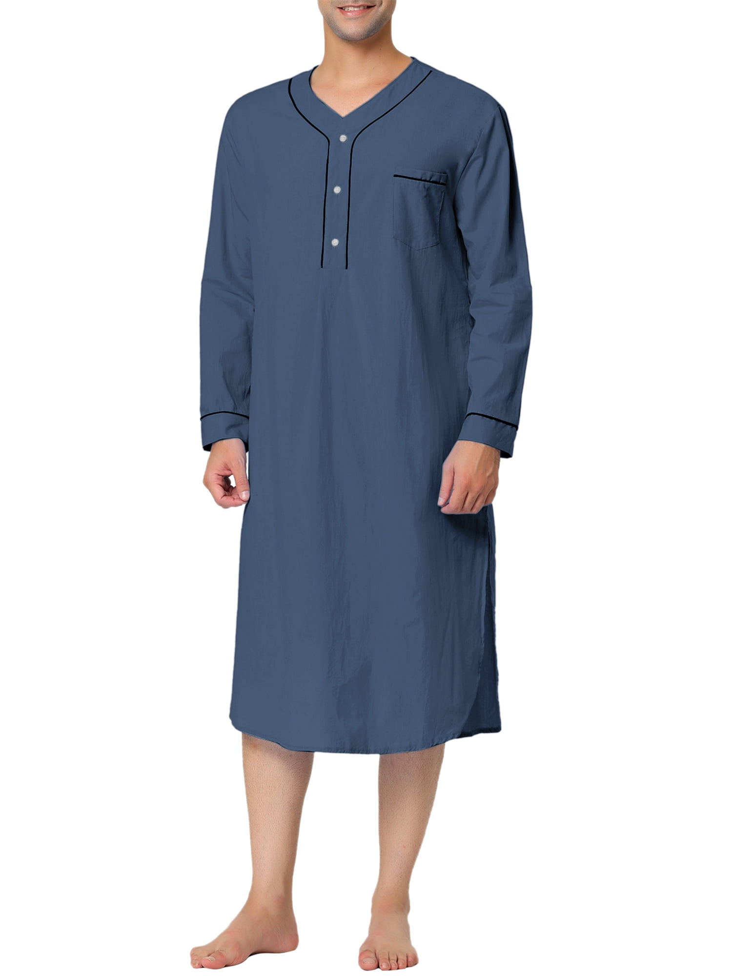Unique Bargains Men's Nightshirt Cotton Sleep Shirt Long Sleeve Nightgown Sleepwear L Navy Blue