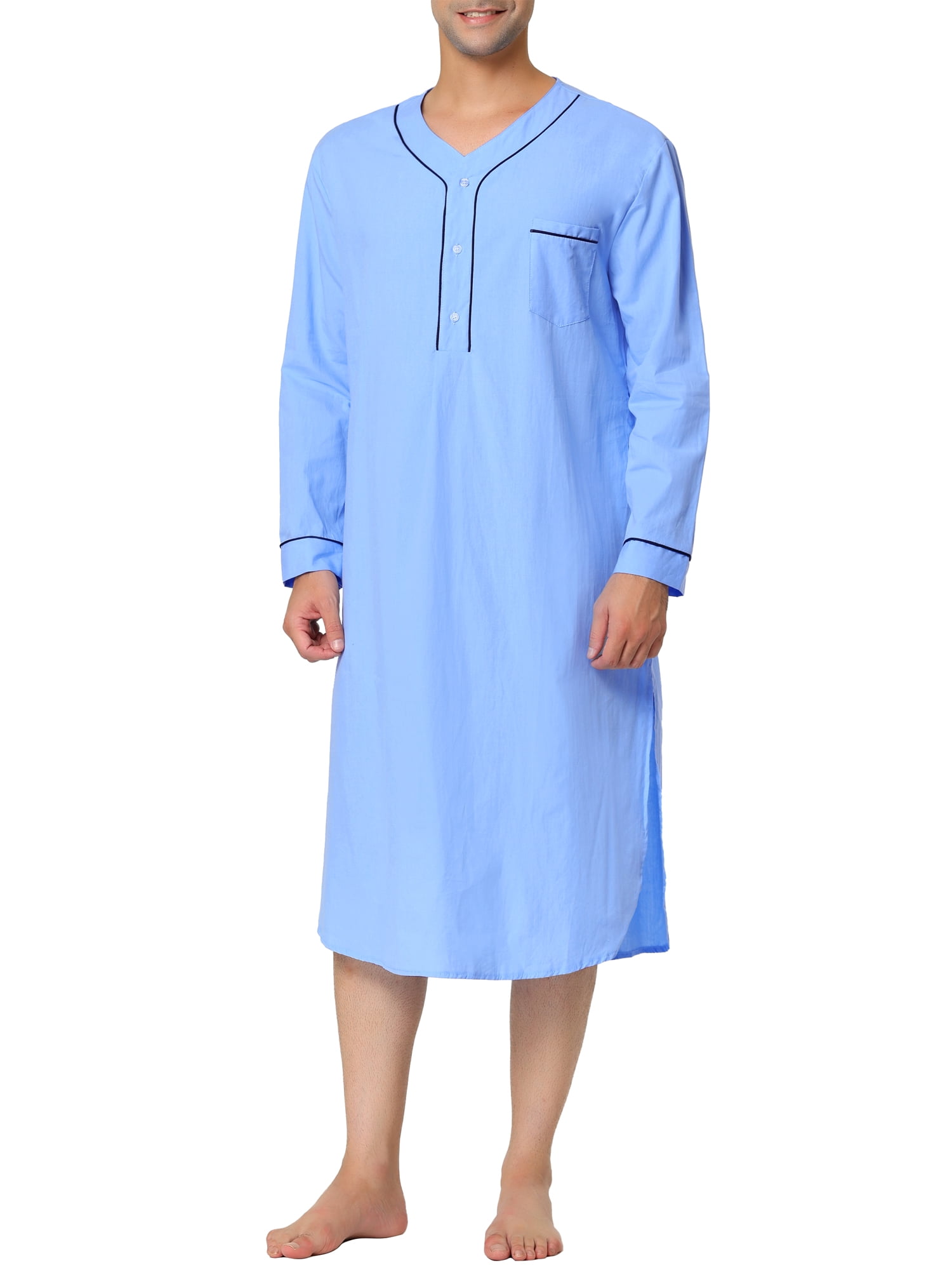 Unique Bargains Men's Nightshirt Cotton Sleep Shirt Long Sleeve Nightgown  Sleepwear S Blue