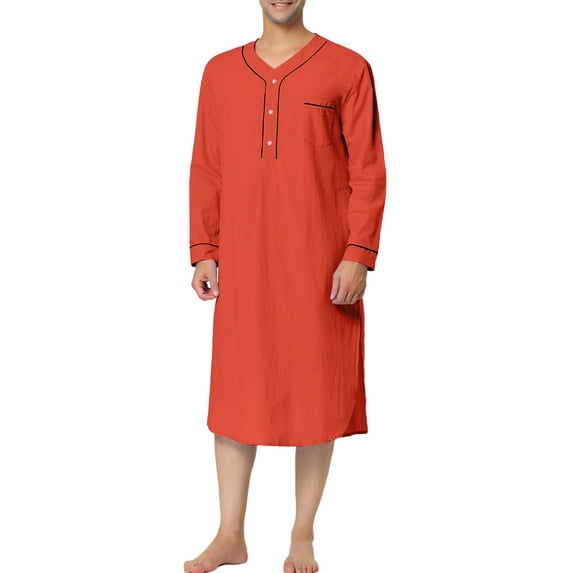 Unique Bargains Men's Nightshirt Cotton Sleep Shirt Long Sleeve Nightgown Sleepwear S Brick Red