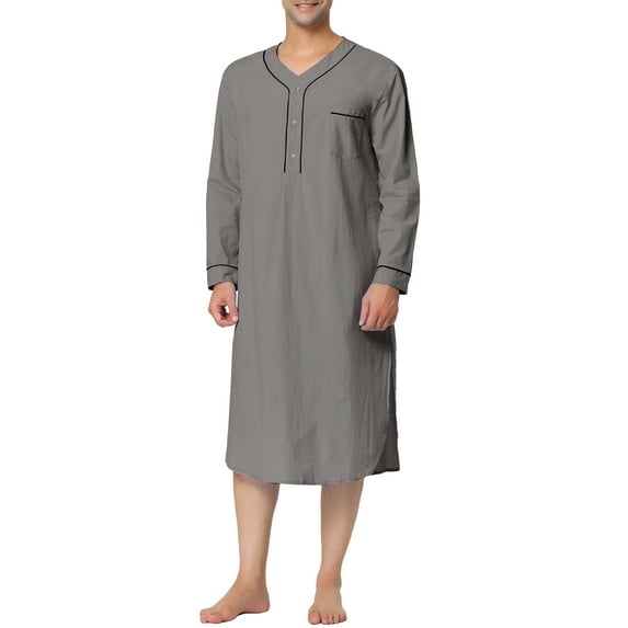 Unique Bargains Men's Nightshirt Cotton Sleep Shirt Long Sleeve Nightgown Sleepwear S Gray