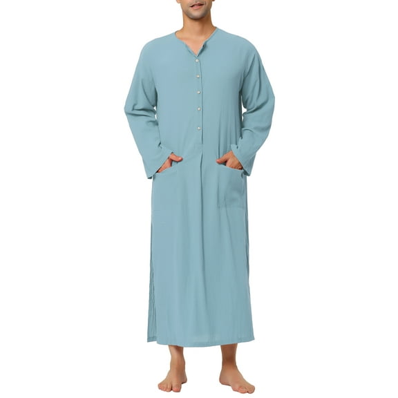 Unique Bargains Men's Nightshirt Cotton Sleep Shirt Side Split Long Nightgown 2XL Light Blue