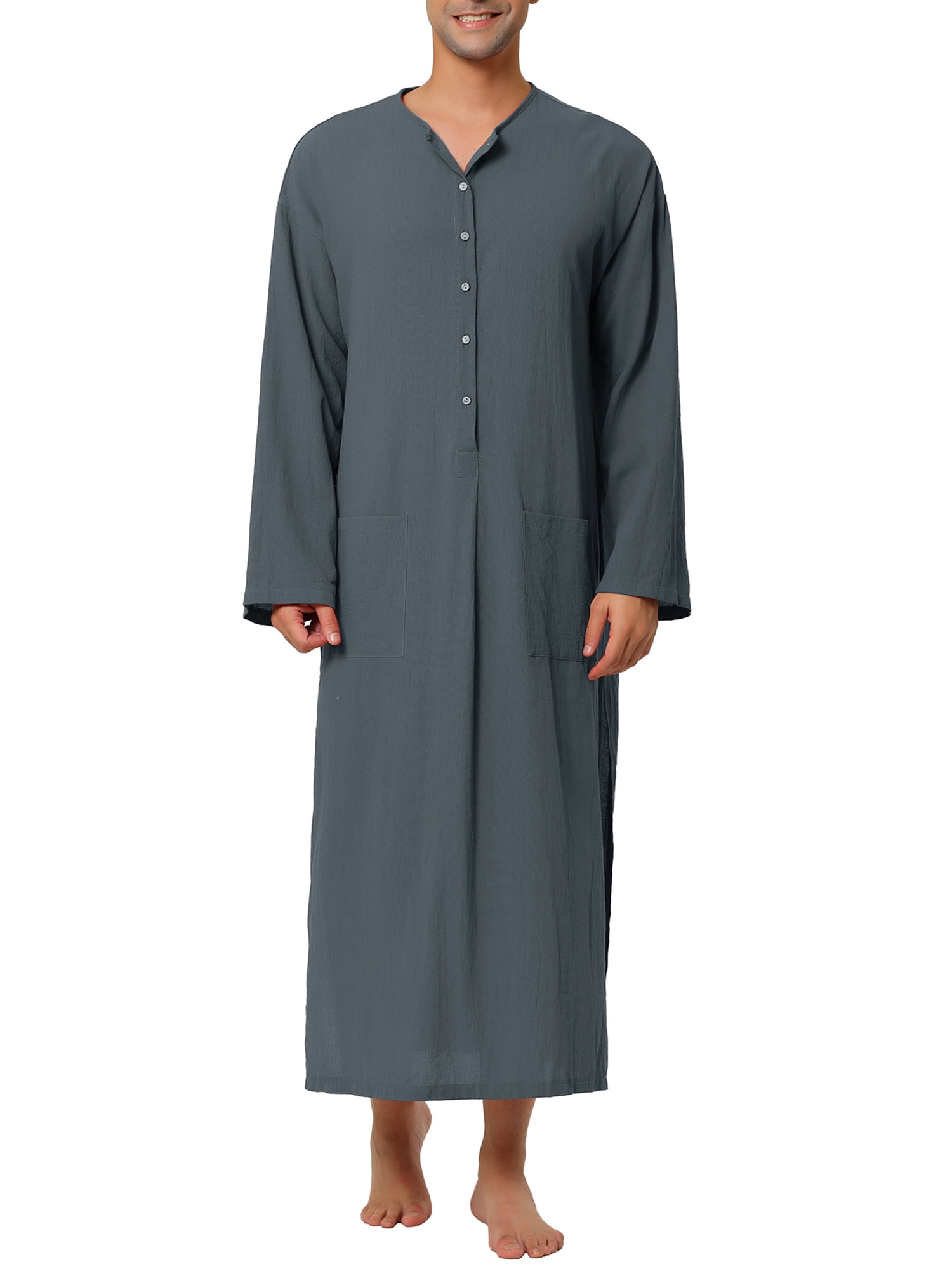 Unique Bargains Men's Nightshirt Cotton Sleep Shirt Side Split Long Nightgown L Gray