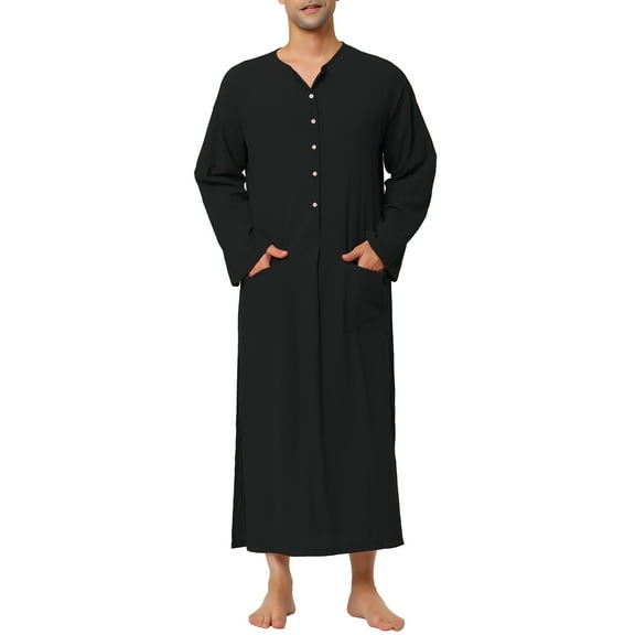 Unique Bargains Men's Nightshirt Cotton Sleep Shirt Side Split Long Nightgown M Black