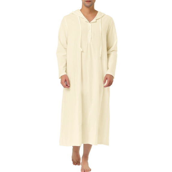 Unique Bargains Men's Nightshirt Long Sleeves Hooded Loungewear Nightgown Pajamas S Beige