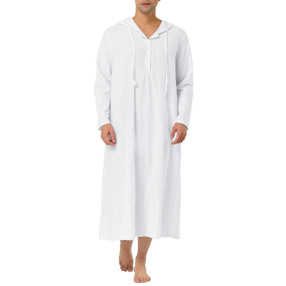 Unique Bargains Men's Nightshirt Long Sleeves Hooded Loungewear Nightgown Pajamas S White