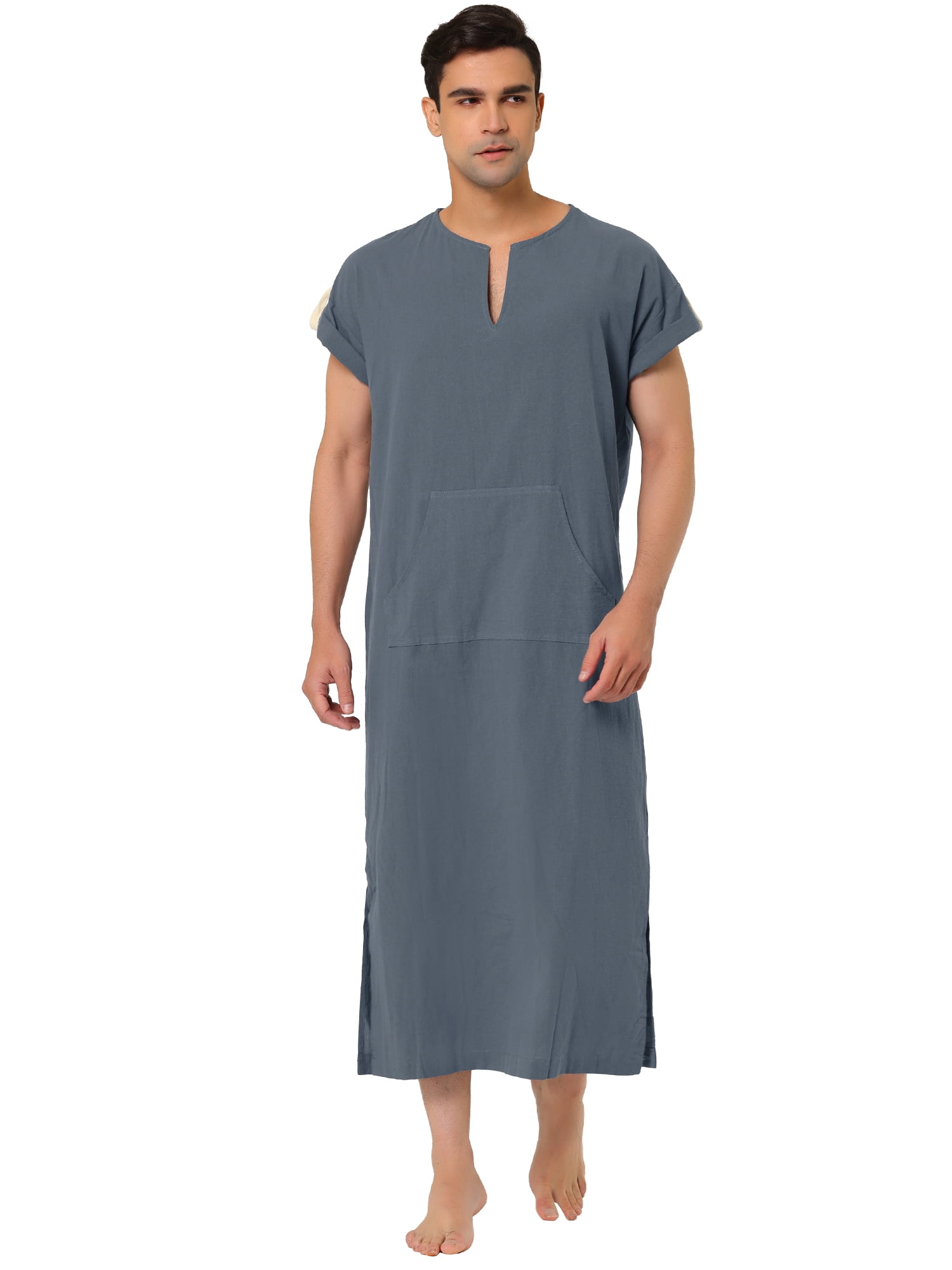 Unique Bargains Men s Nightshirt Short Sleeves Sleep Shirt V Neck Side Split Long Gown Gray S Walmart