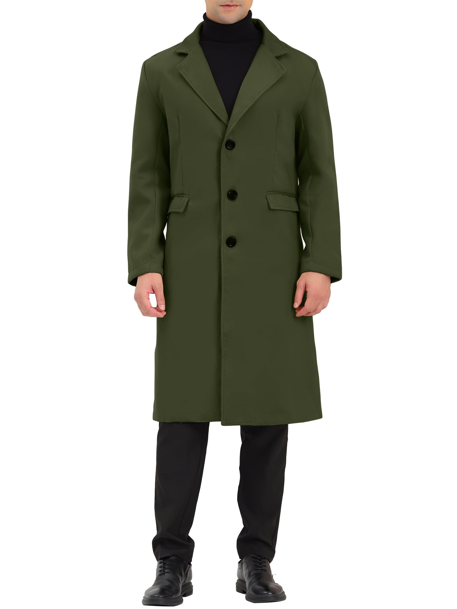 Unique Bargains Men's Overcoat Single Breasted Notched Lapel Long Trench Coat S Olive Green