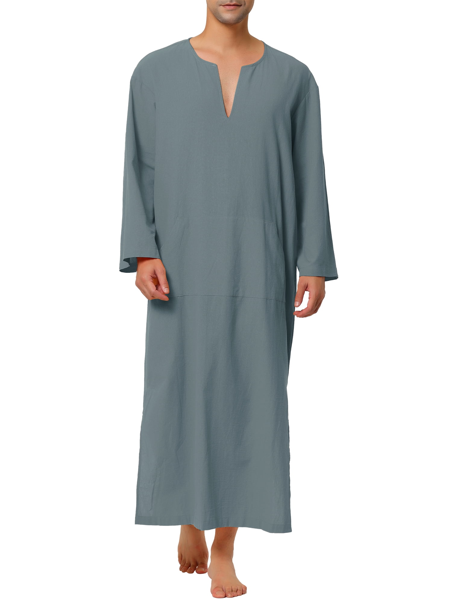 Unique Bargains Men's Pajamas Cotton Sleepwear V-Neck Side Split Long Nightgown M Dark Gray