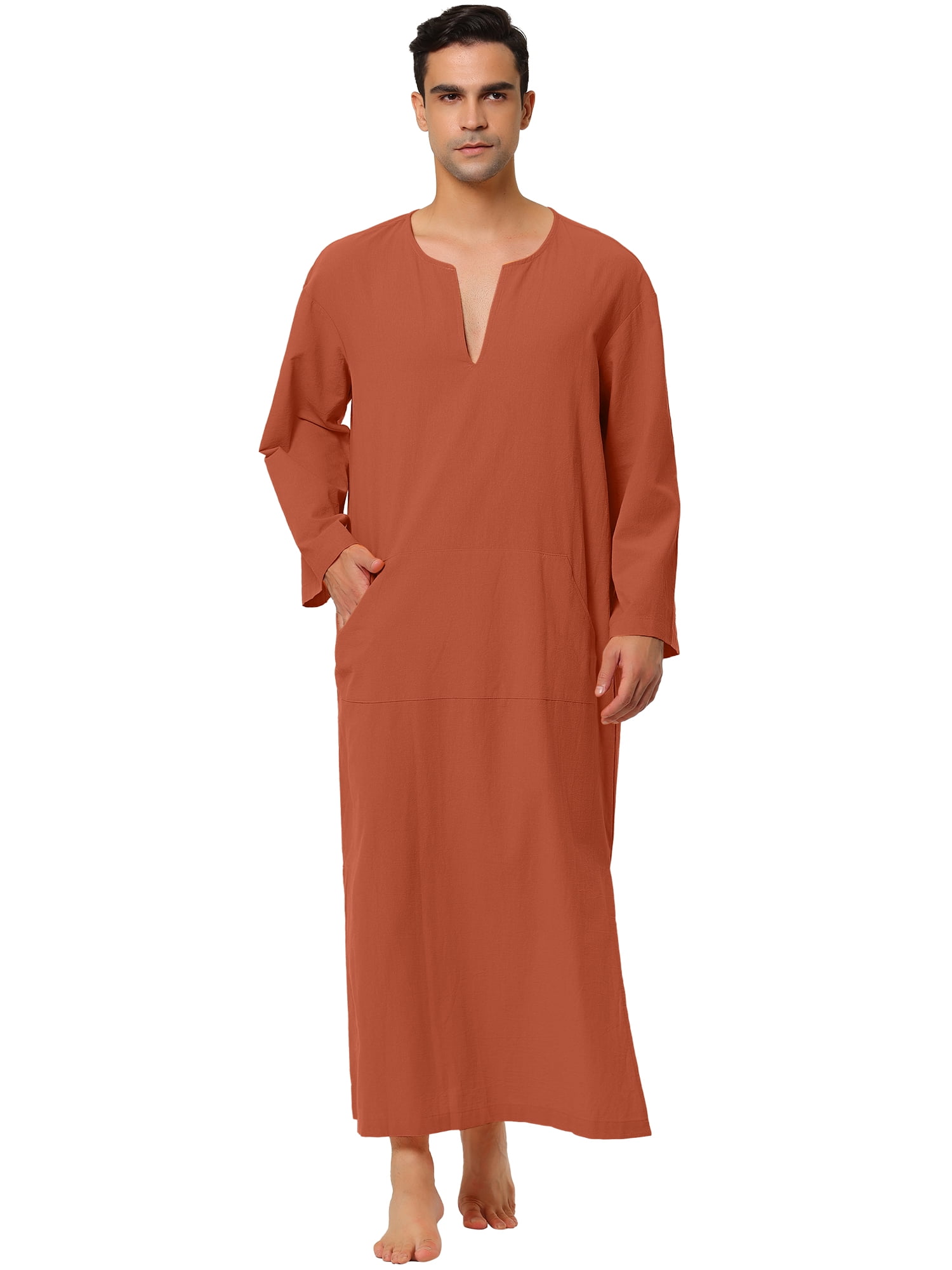 Unique Bargains Men's Pajamas Cotton Sleepwear V-Neck Side Split Long Nightgown XL Brick Red