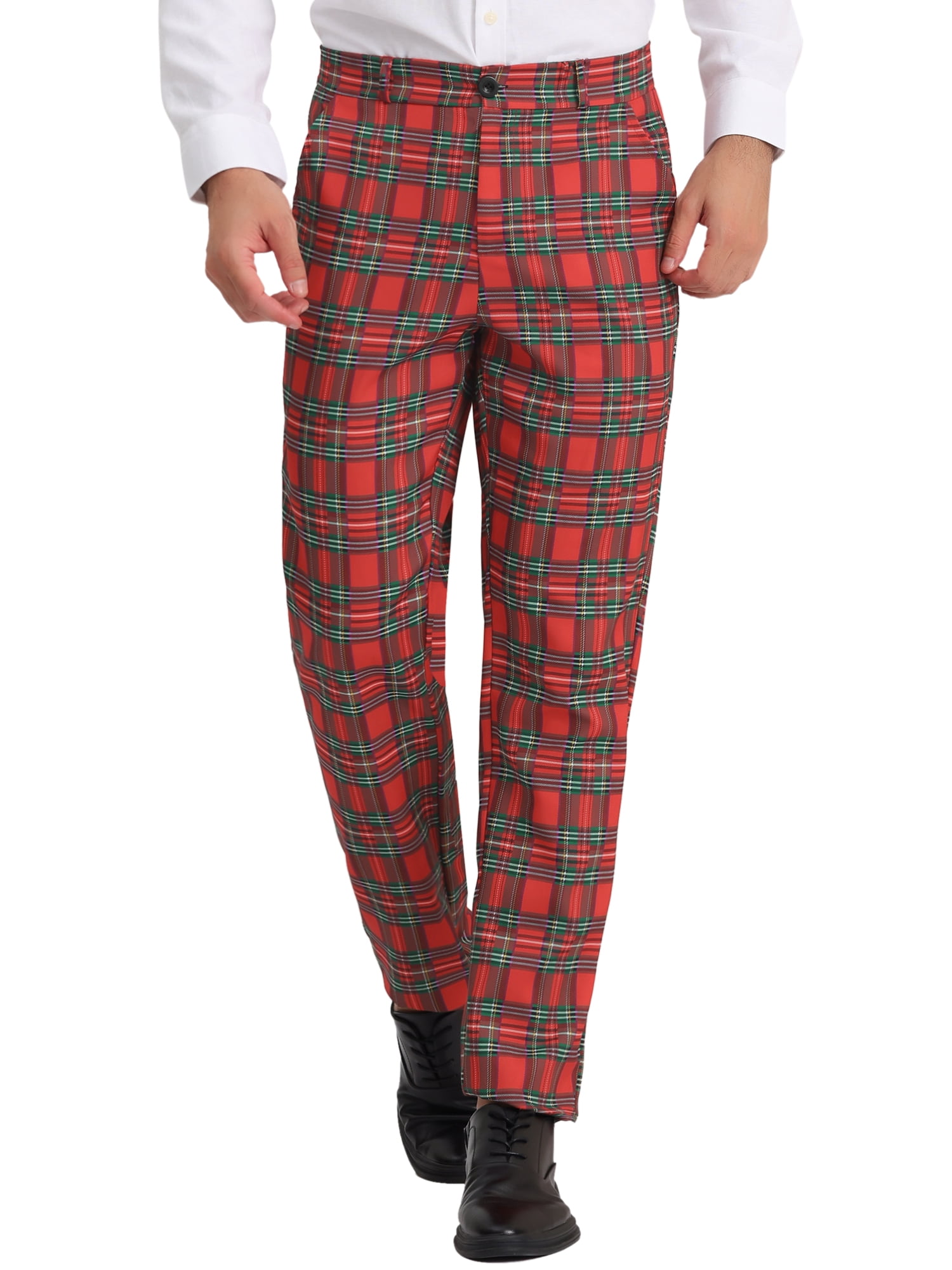Unique Bargains Men's Plaid Business Pants Regular Fit Formal Prom Checked Trousers 30 Red Green
