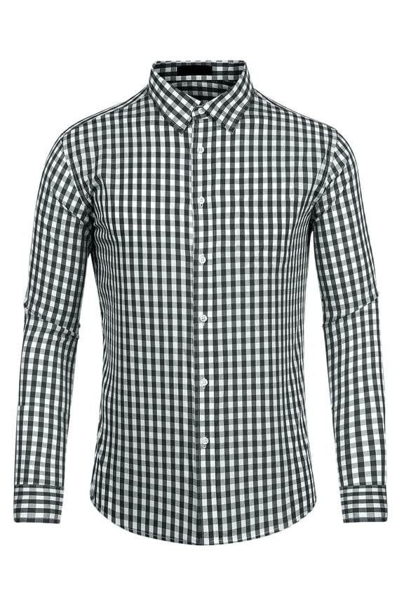 Men's Plaid Button Down Long Sleeves Dress Checkered Shirts 2XL Black White