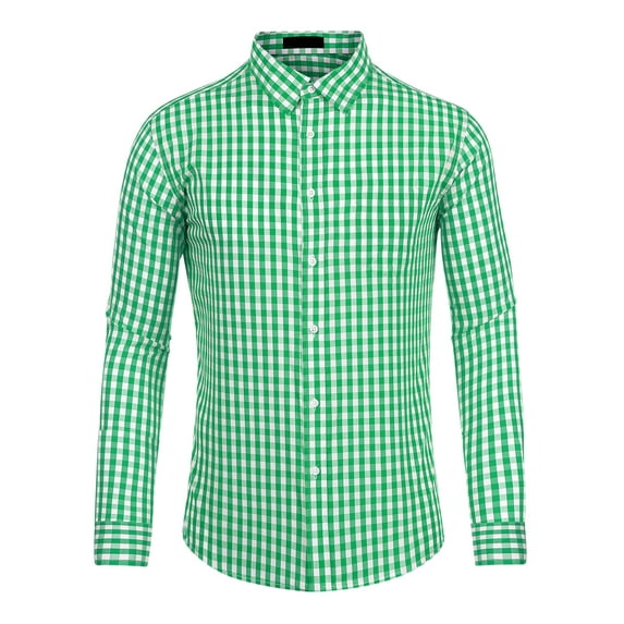 Unique Bargains Men's Plaid Button Down Long Sleeves Dress Checkered Shirts 2XL Green White