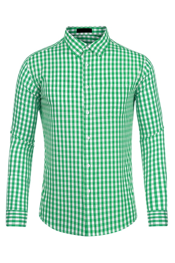 Men's Plaid Button Down Long Sleeves Dress Checkered Shirts 2XL Green White