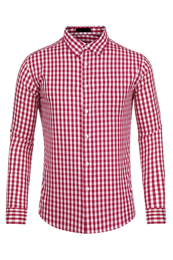 Men's Plaid Button Down Long Sleeves Dress Checkered Shirts 2XL Red White